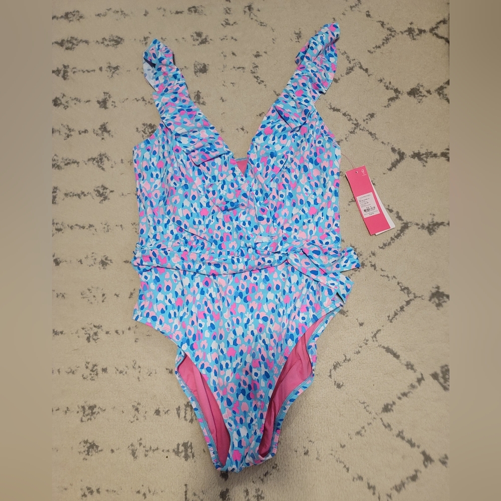 NWT Lilly Pulitzer Delphie Ruffled One-Piece Swimsuit - Hottie Dottie - size 14